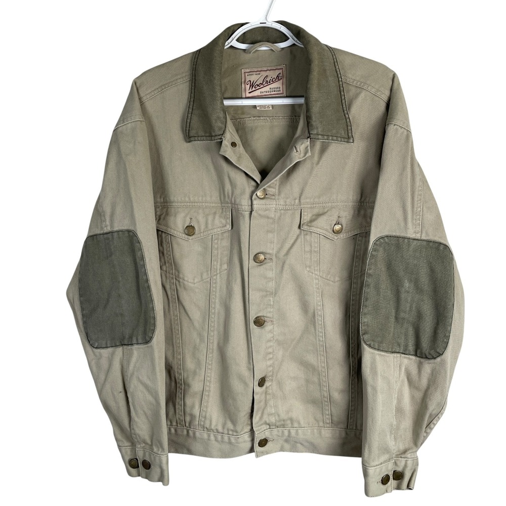 Vintage Woolrich Mens Jean Jacket Medium Beige Button Up Padded Elbows‎ Cotton